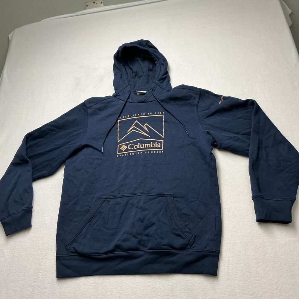 Columbia Navy Blue Pullover Hoodie Mens Sz S Pockets Logo Drawstring Fleece,4057